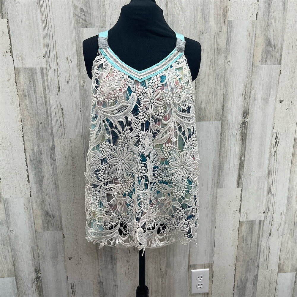 Xhileration Tank Top Womens XL Multicolor Floral Crochet Peekaboo Front sku559